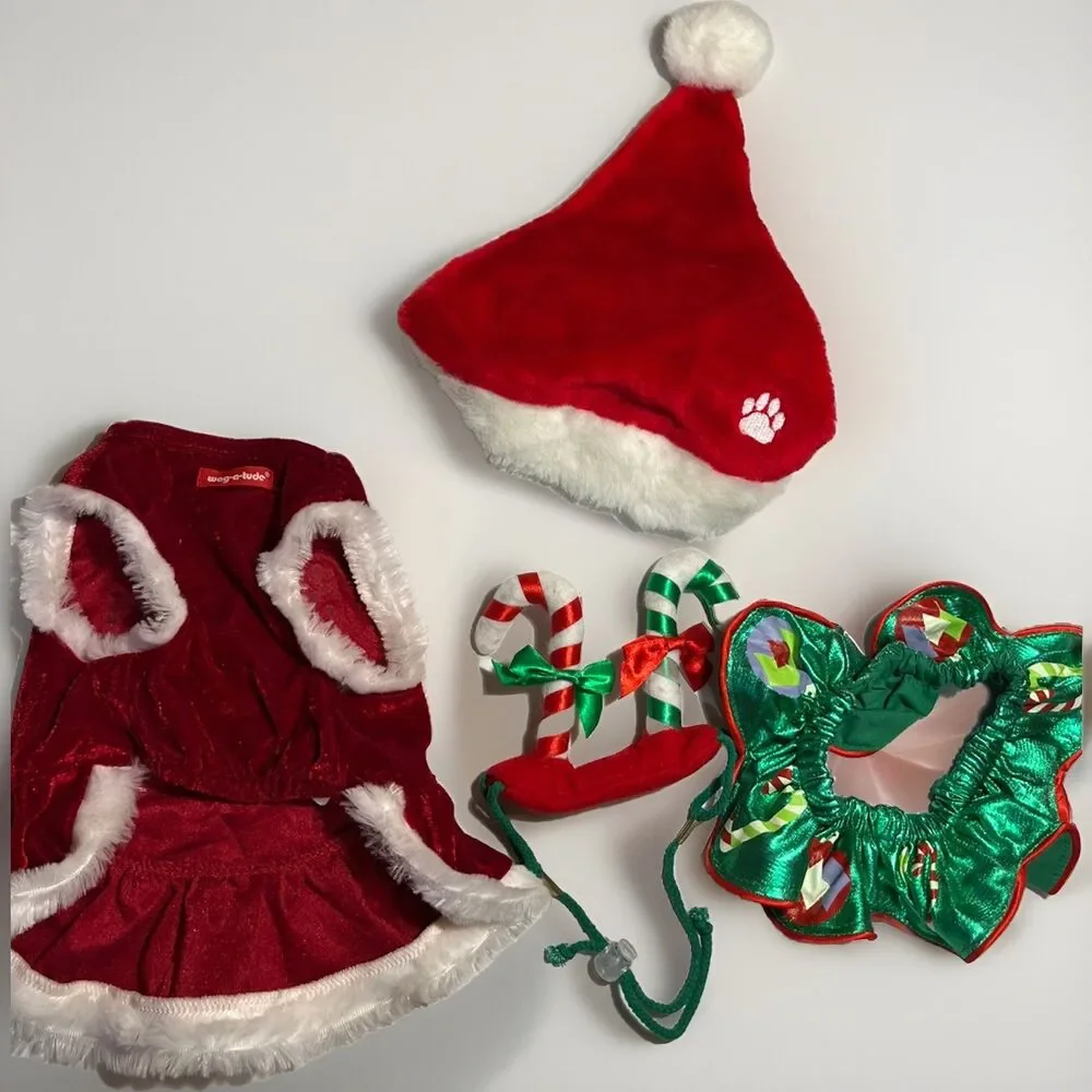 Dog Christmas Dress Lot Hat Candy Cane Ears Neck Ruffle Red Green Size Small